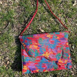 Colorful Multicolor Floral Print Crossbody Bag - Red Strap